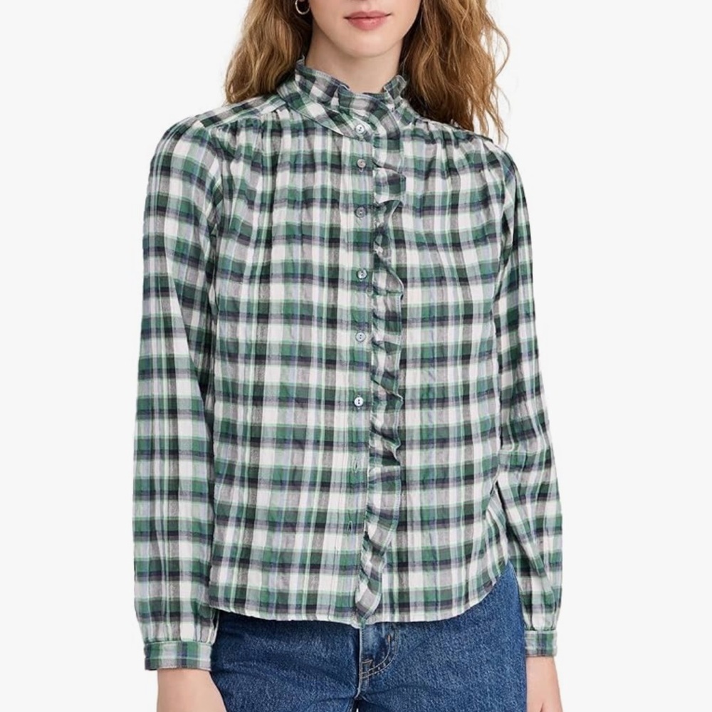 XIRENA nicholson shirt in green brook button up plaid ruffle trim XS